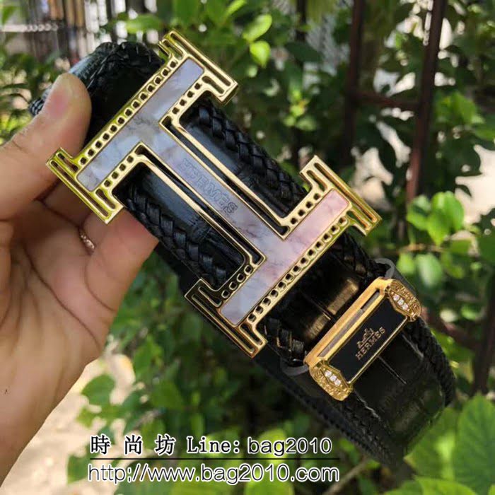 愛馬仕HERMES 純手工編織美洲鱷魚無拼接肚皮 高端男士皮帶 HHG1570